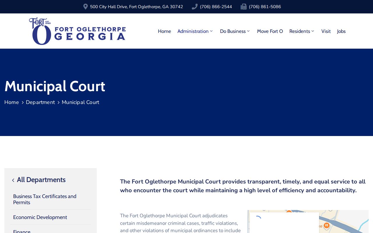 Fort Oglethorpe Municipal Court page with city court access information