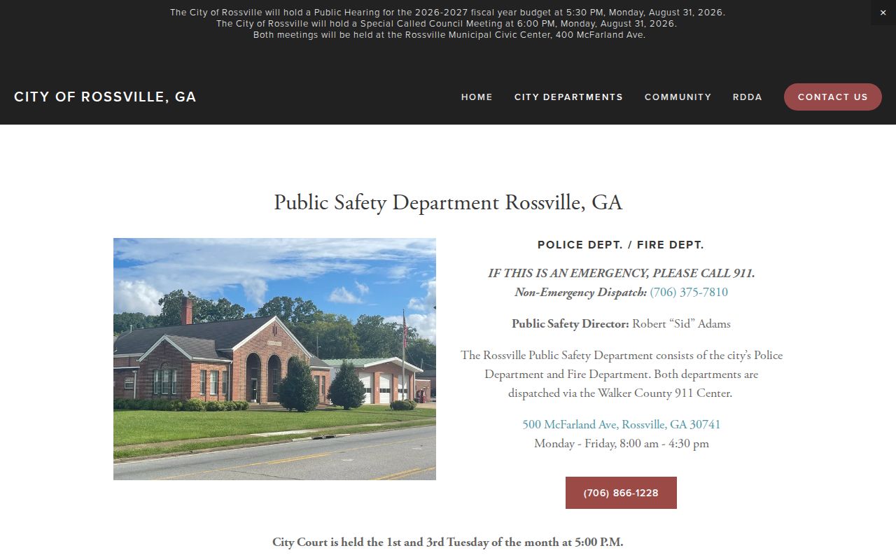 Rossville Public Safety page with City Court schedule and ticket payment link