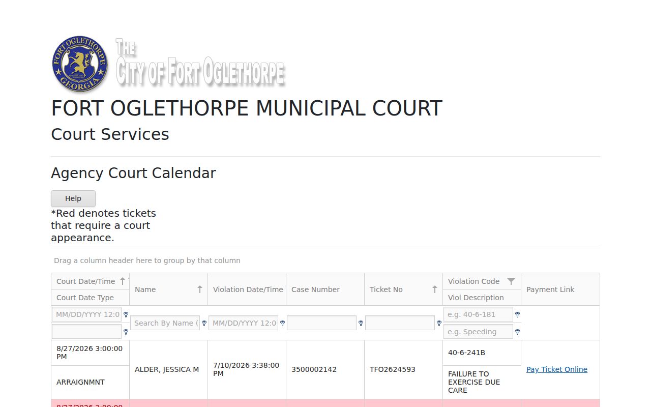 Fort Oglethorpe CourtWare calendar filters and columns